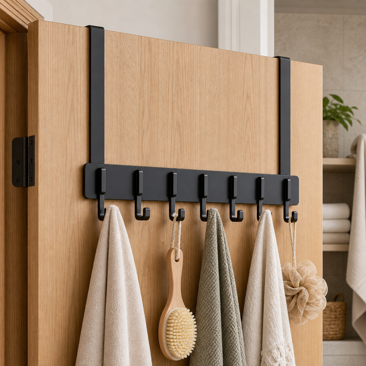Bathroom hook rack with towels and accessories