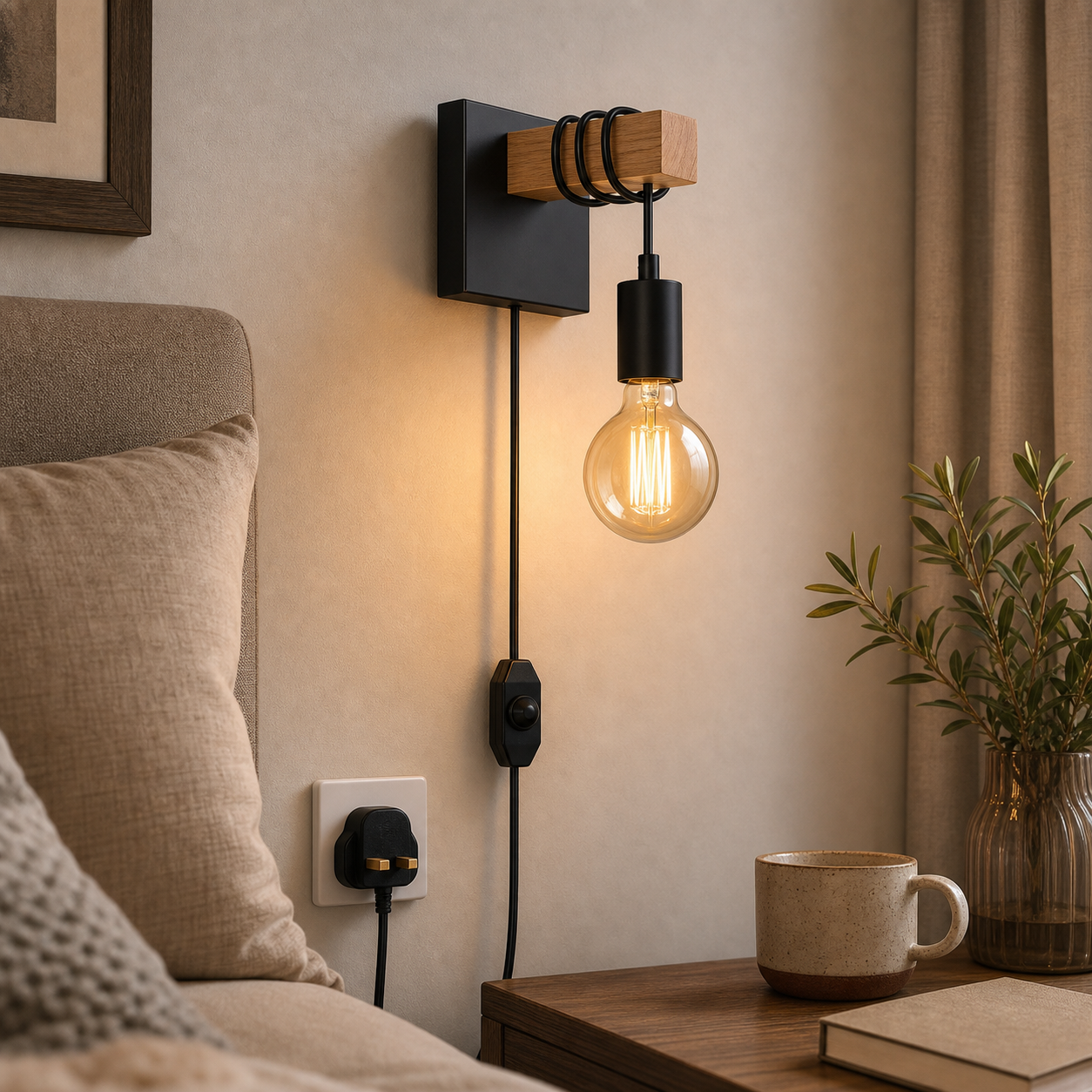 Cozy Haven Black Plug In Wall Sconce - UK Plug