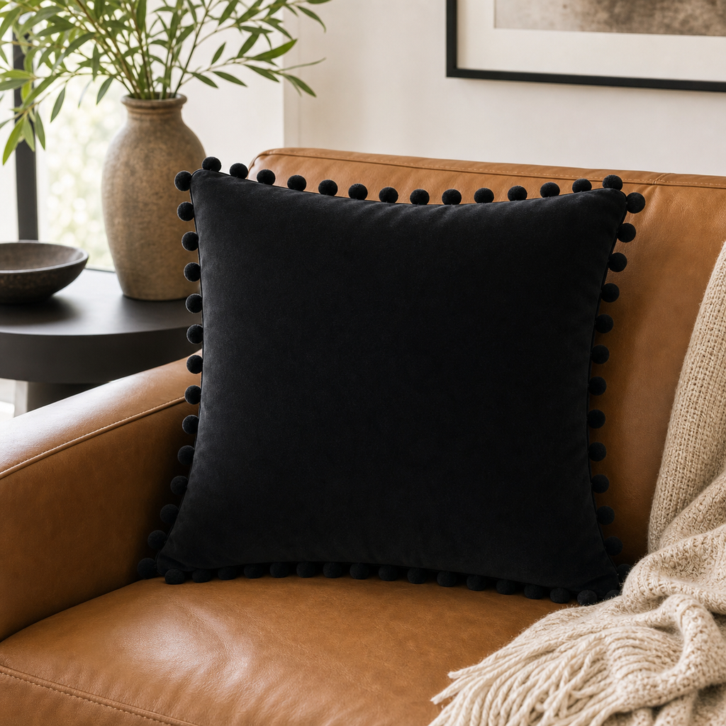 Cozy Haven Pom-Pom Velvet Pillow Cover - Black / 45 x 45 cm, Black / 40 x 40 cm