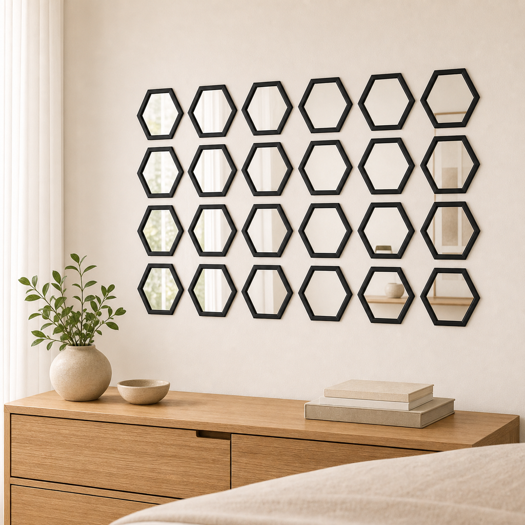 Cozy Haven 24-Piece Outline Hexagon Mirror Sticker Set - Black - Small (160 x 140 x 80 mm), Black - Large (200 x 173 x 100 mm)