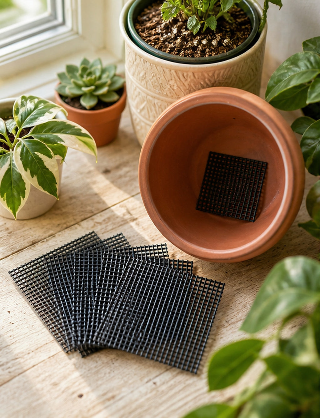 Cozy Haven Plant Pot Drainage Mesh Pads - 10 Piece Set lifestyle image 1 for Black Mesh Pads - 10-Piece Set