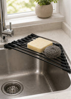 Cozy Haven Black Roll-Up Sink Corner Rack styled kitchen view 1