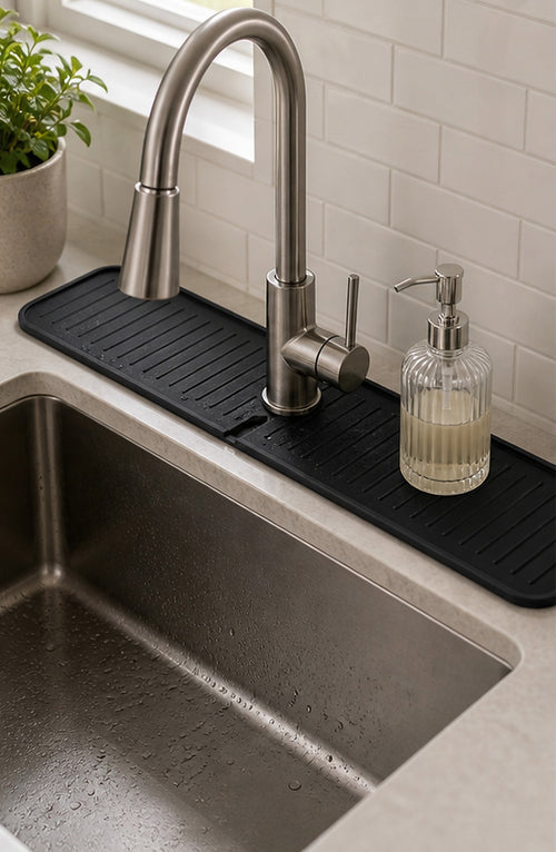 Cozy Haven Black Silicone Sink Splash Guard Mat styled kitchen view 1