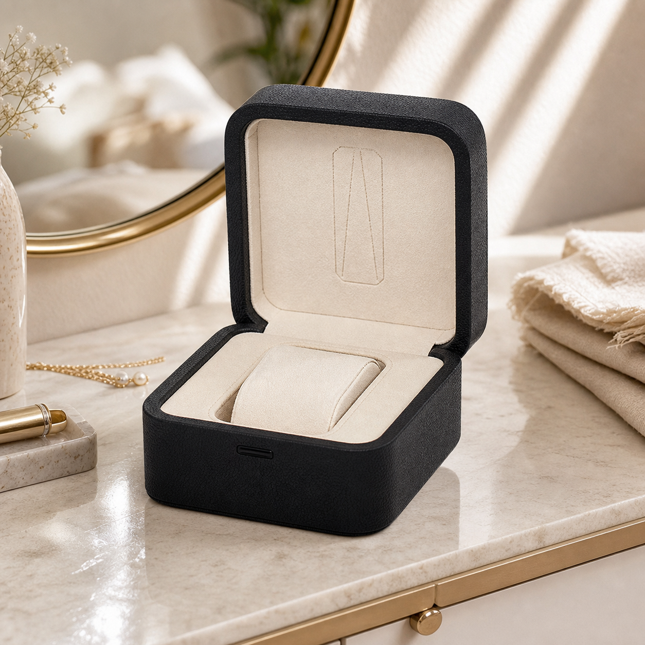 Cozy Haven Black Single Watch Storage Case - open vanity lifestyle image