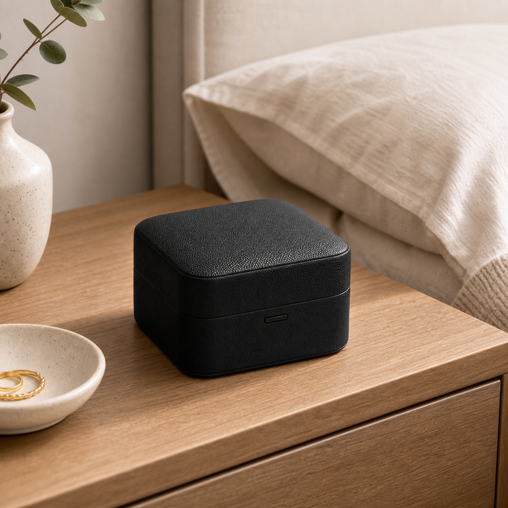 Cozy Haven Black Single Watch Storage Case - closed nightstand lifestyle image