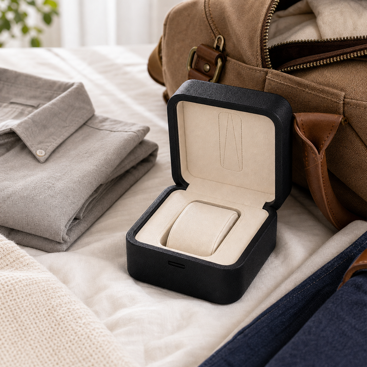 Cozy Haven Black Single Watch Storage Case - travel packing lifestyle image