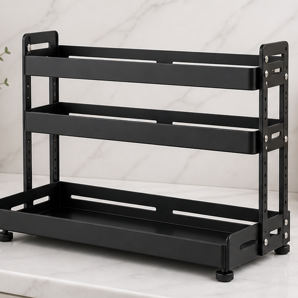 Cozy Haven black 3-tier countertop spice rack on a kitchen counter