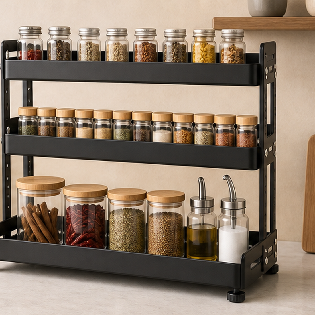 Spice Rack — Black 3-Tier Countertop