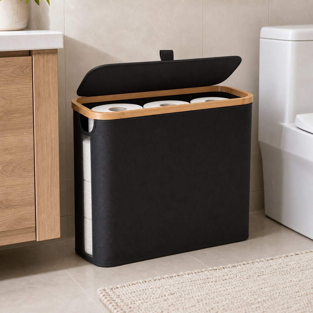 Cozy Haven Covered Toilet Paper Storage Basket - Black Covered Toilet Paper Storage Basket lifestyle image 1