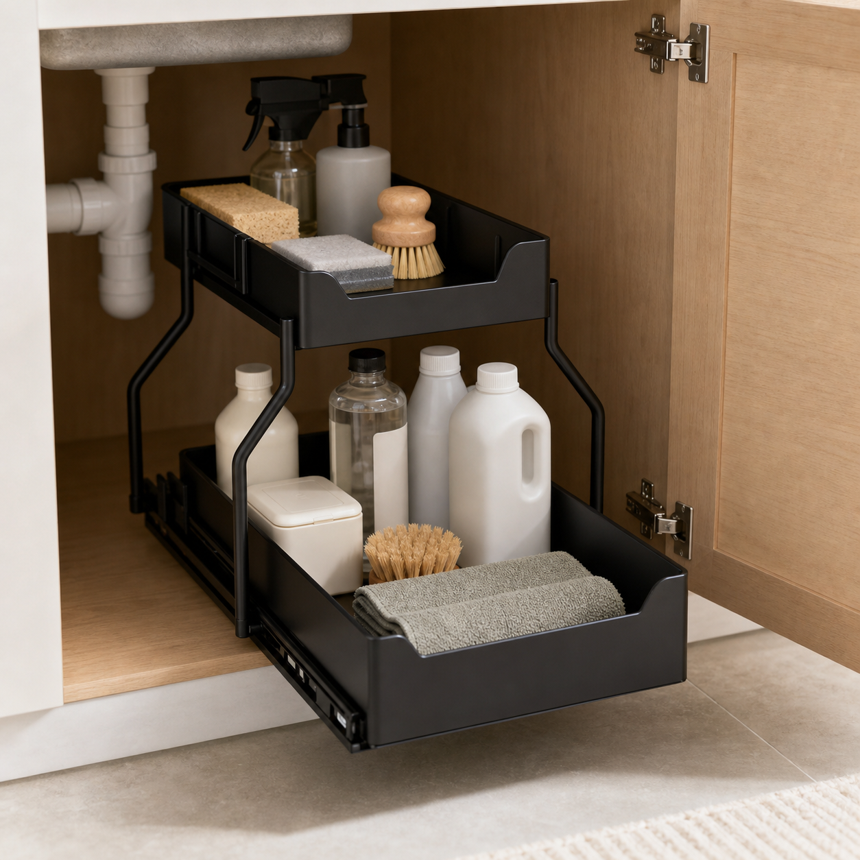 Cozy Haven Black Under-Sink Pull-Out Organizer - black under-sink pull-out organizer loaded view