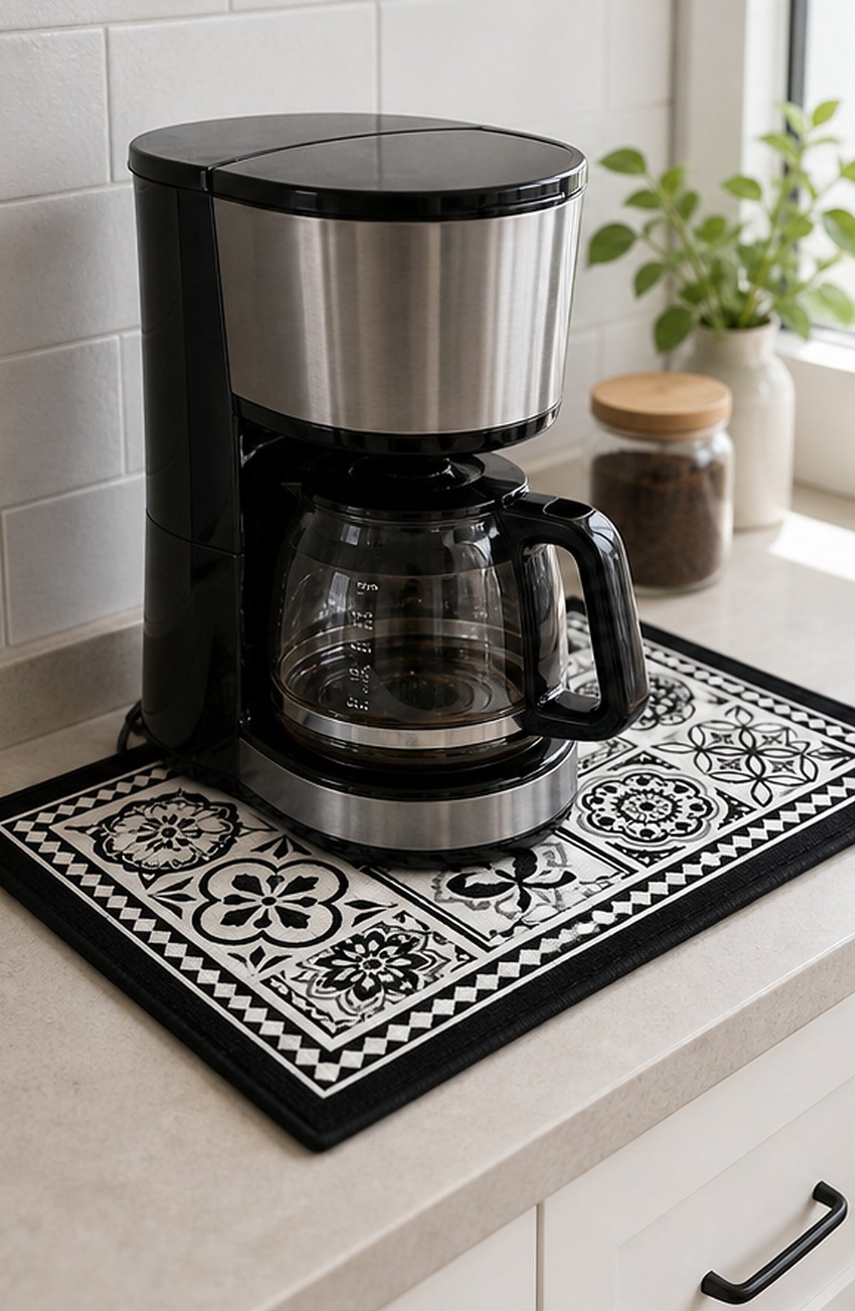 Cozy Haven Black and White Coffee Maker Drying Mat styled in a home setting