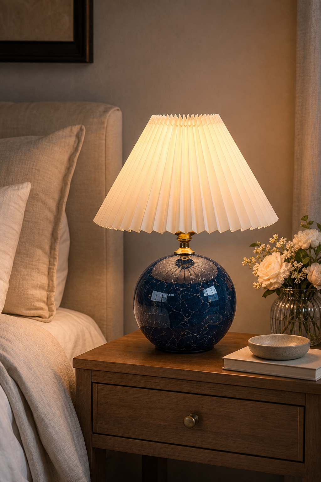 Cozy Haven Blue Ceramic Pleated Table Lamp lifestyle image 5