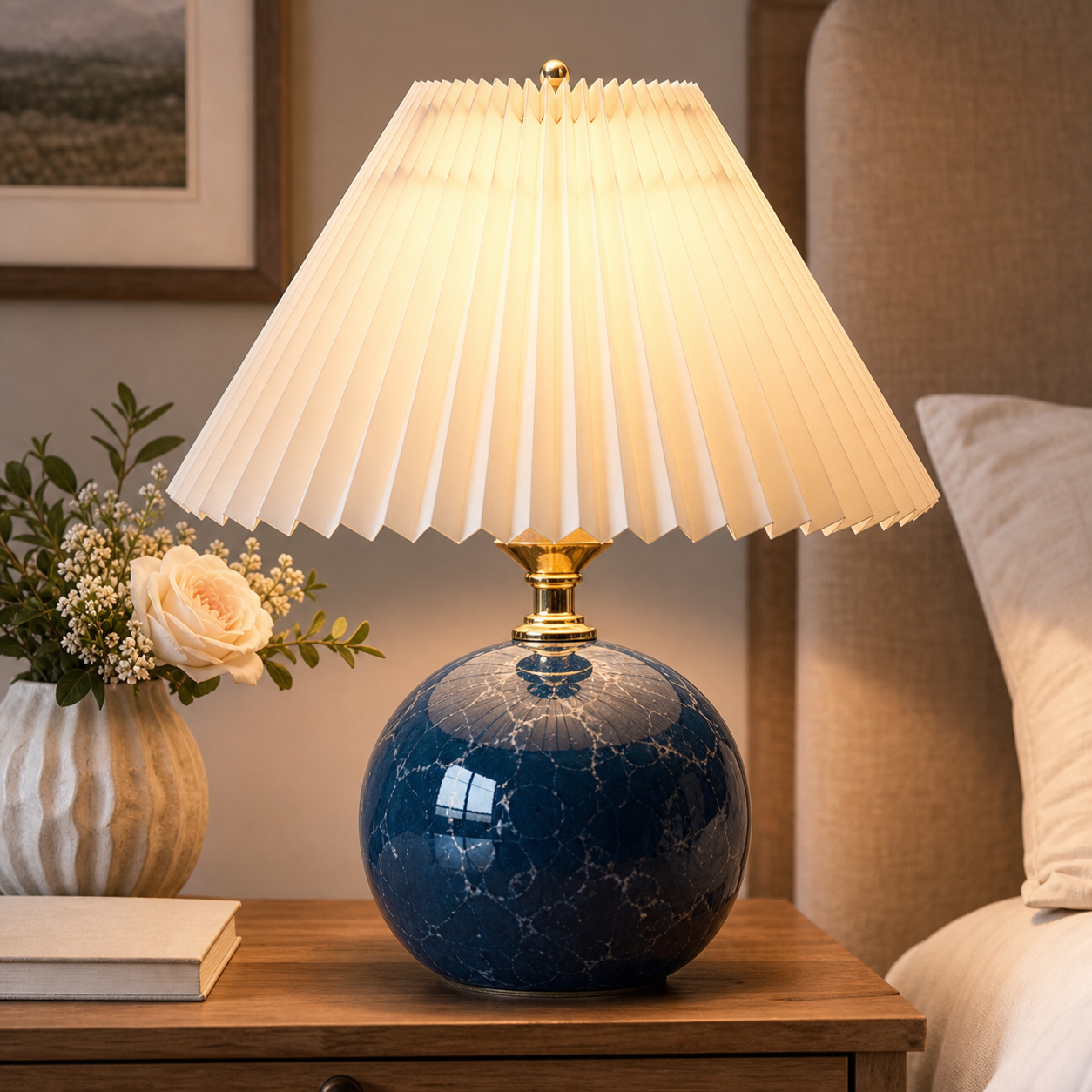 Cozy Haven Blue Ceramic Pleated Table Lamp lifestyle image 6