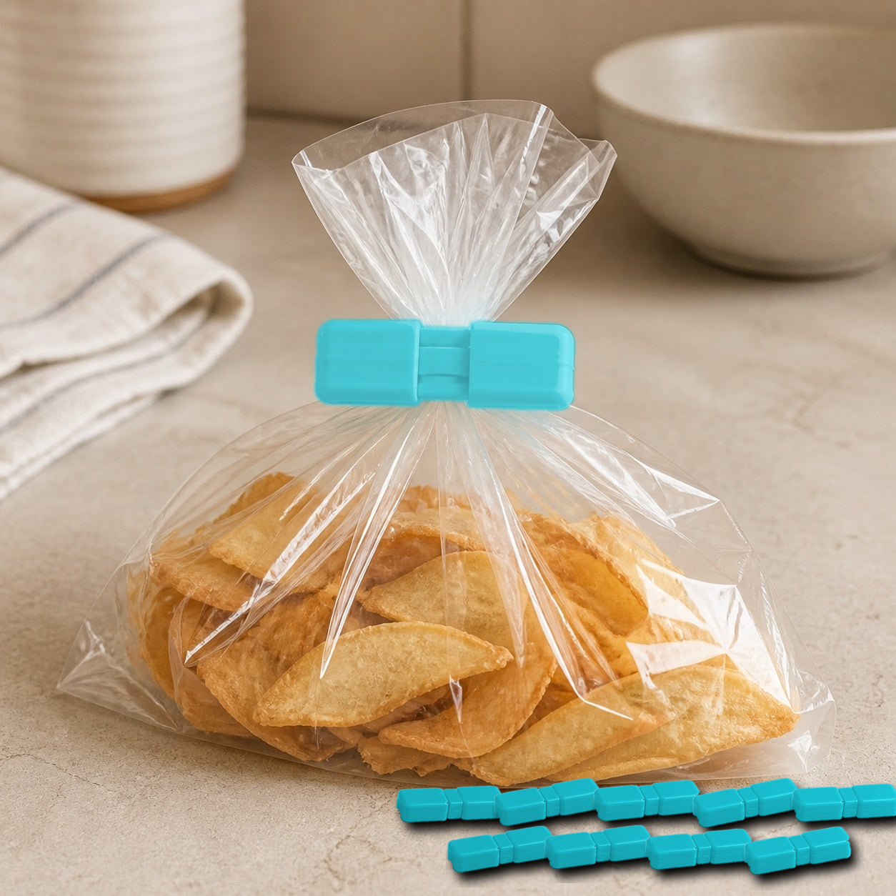 Cozy Haven Food Bag Sealing Clips - Blue - 10 Piece Set exact pack count on kitchen counter
