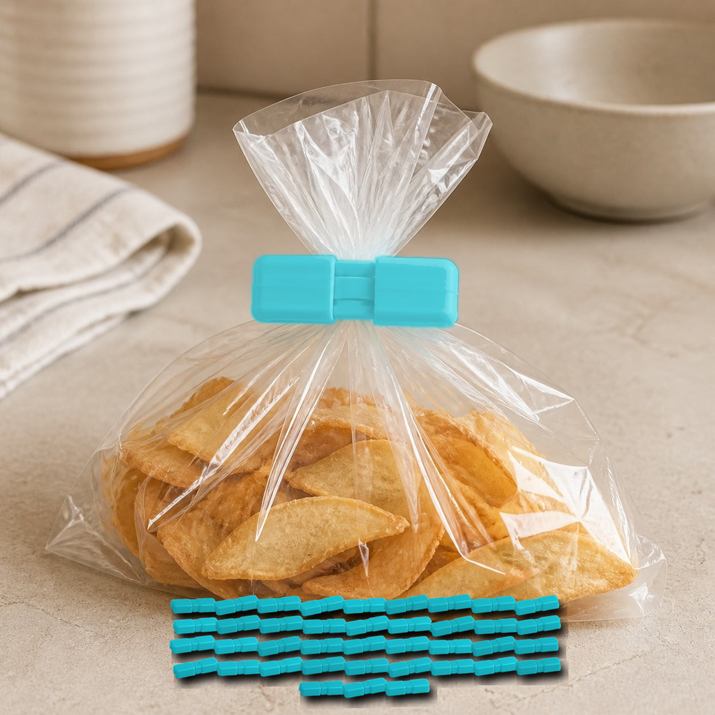 Cozy Haven Food Bag Sealing Clips - Blue - 40 Piece Set exact pack count on kitchen counter