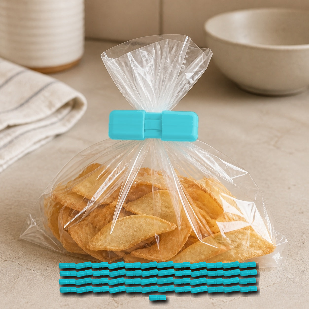 Cozy Haven Food Bag Sealing Clips - Blue - 50 Piece Set exact pack count on kitchen counter