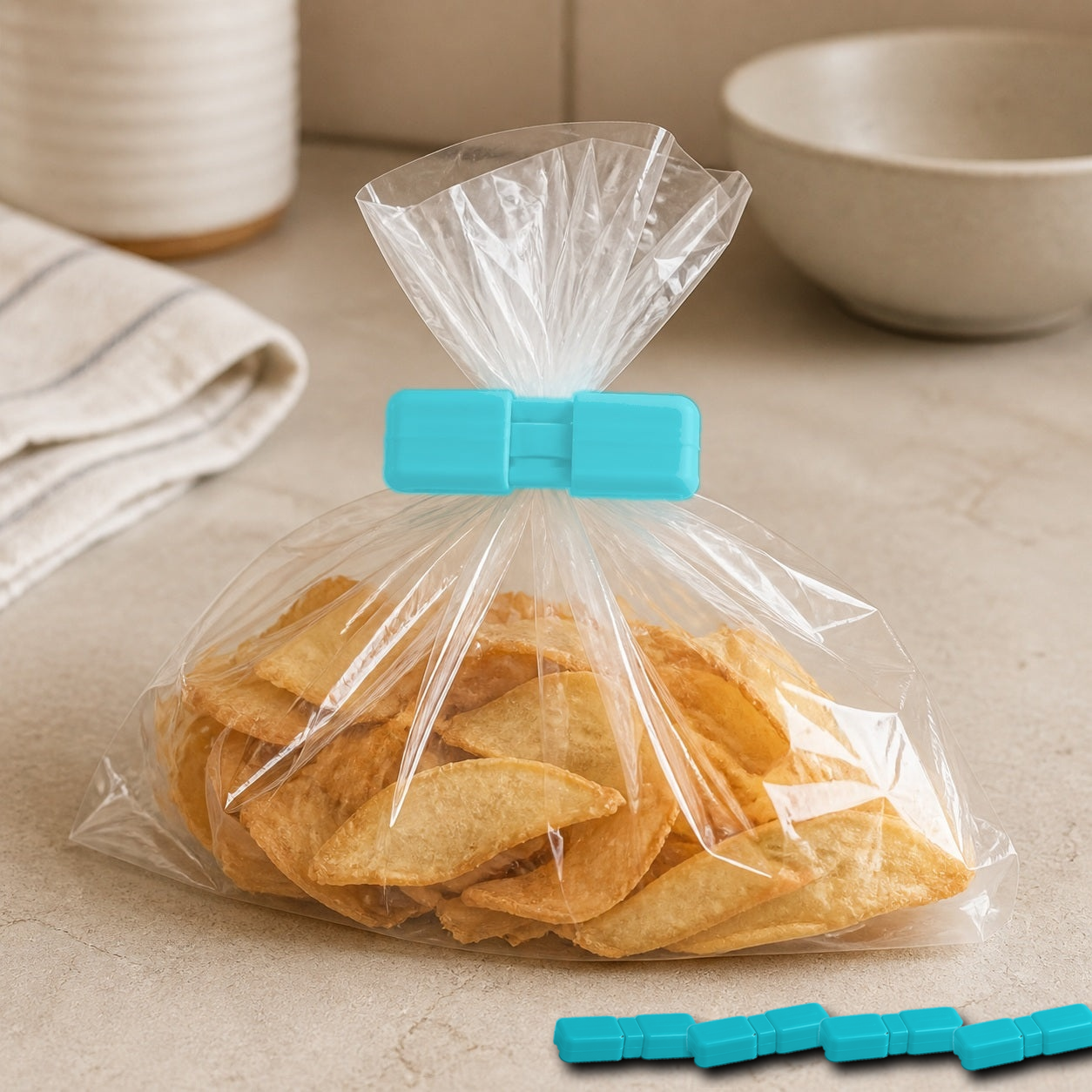 Cozy Haven Food Bag Sealing Clips - Blue - 5 Piece Set exact pack count on kitchen counter