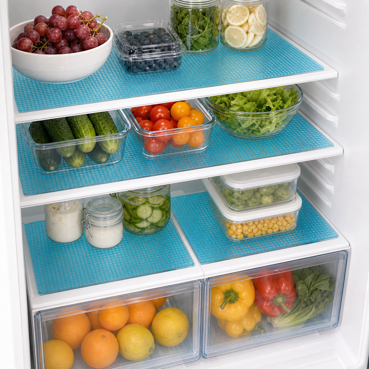 Cozy Haven Fridge Shelf Liners - blue 4-piece set installed in refrigerator