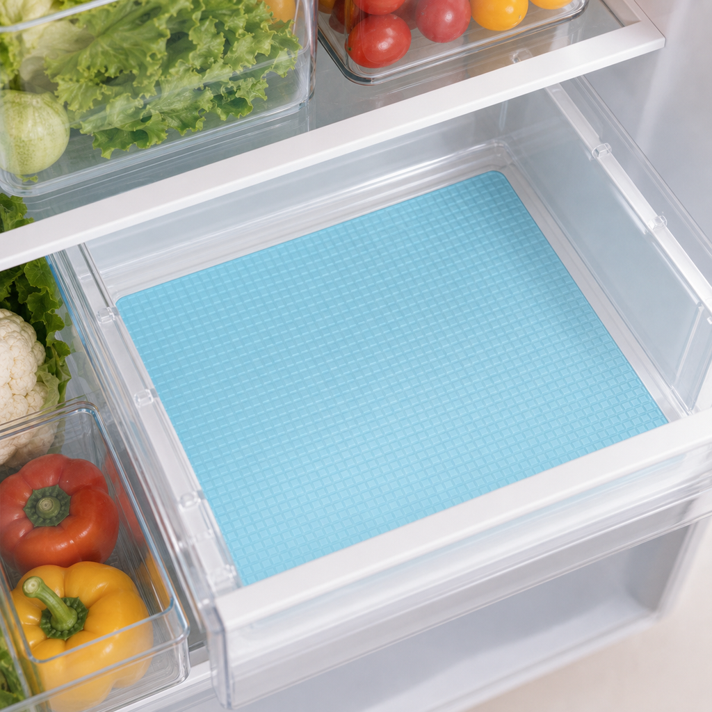 Cozy Haven Fridge Shelf Liners - blue single liner in refrigerator drawer