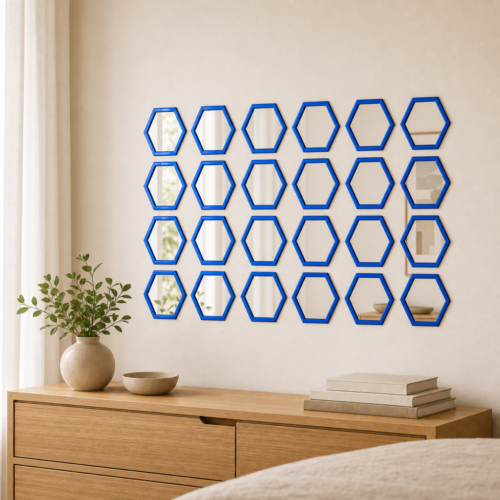 Cozy Haven 24-Piece Outline Hexagon Mirror Sticker Set - Blue - Small (160 x 140 x 80 mm), Blue - Large (200 x 173 x 100 mm)