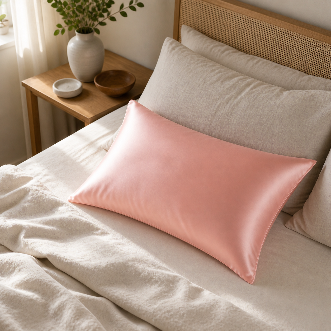 Blush pink satin pillowcase on a warm neutral bedroom bed