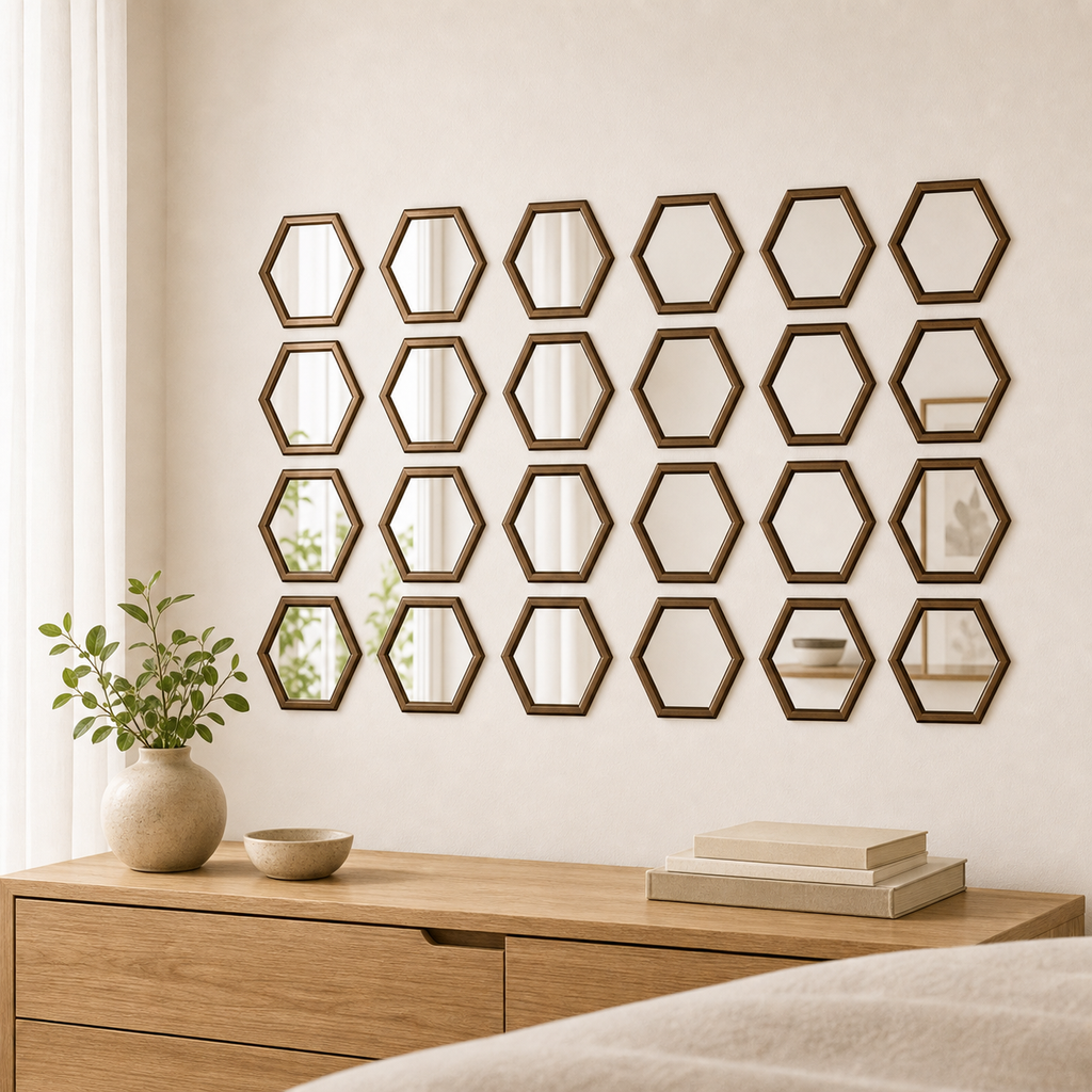 Cozy Haven 24-Piece Outline Hexagon Mirror Sticker Set - Brown - Small (160 x 140 x 80 mm), Brown - Large (200 x 173 x 100 mm)