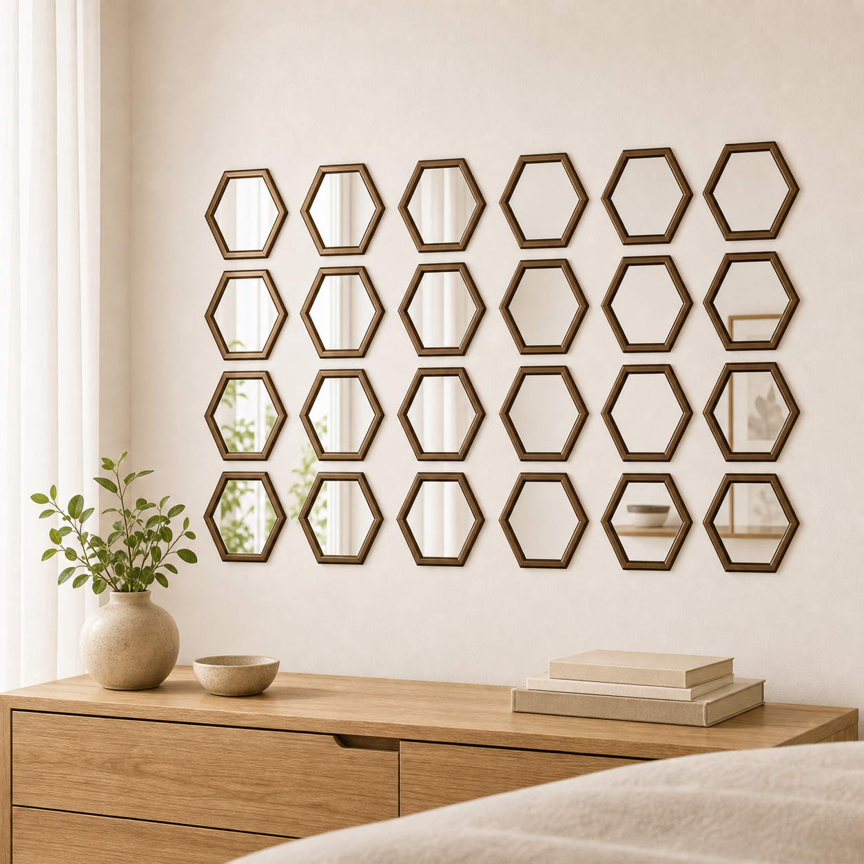 Cozy Haven 24-Piece Outline Hexagon Mirror Sticker Set - Brown - Small (160 x 140 x 80 mm), Brown - Large (200 x 173 x 100 mm)