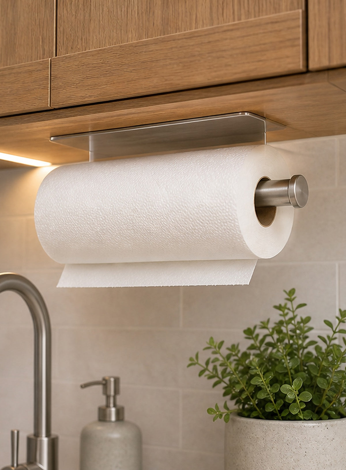 Cozy Haven Brushed Adhesive Paper Roll Holder styled in a home setting