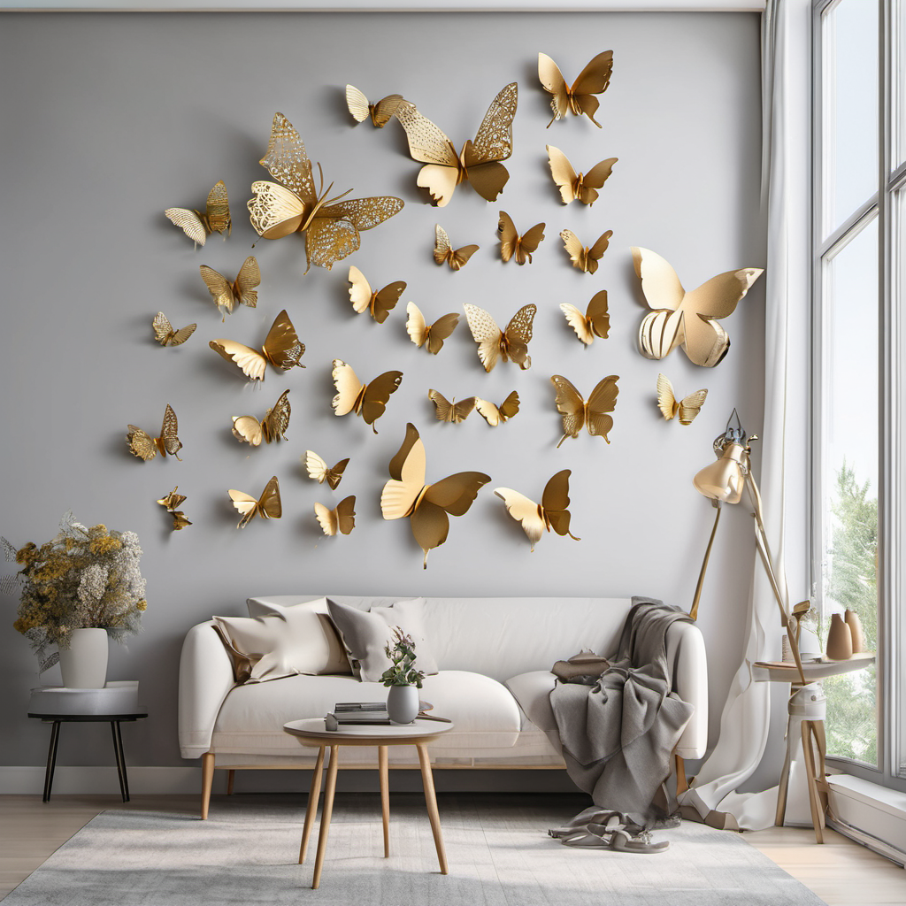 3D Butterfly Wall Stickers 12-Piece Set | Gold Metal Wall Art | Small Space Decor