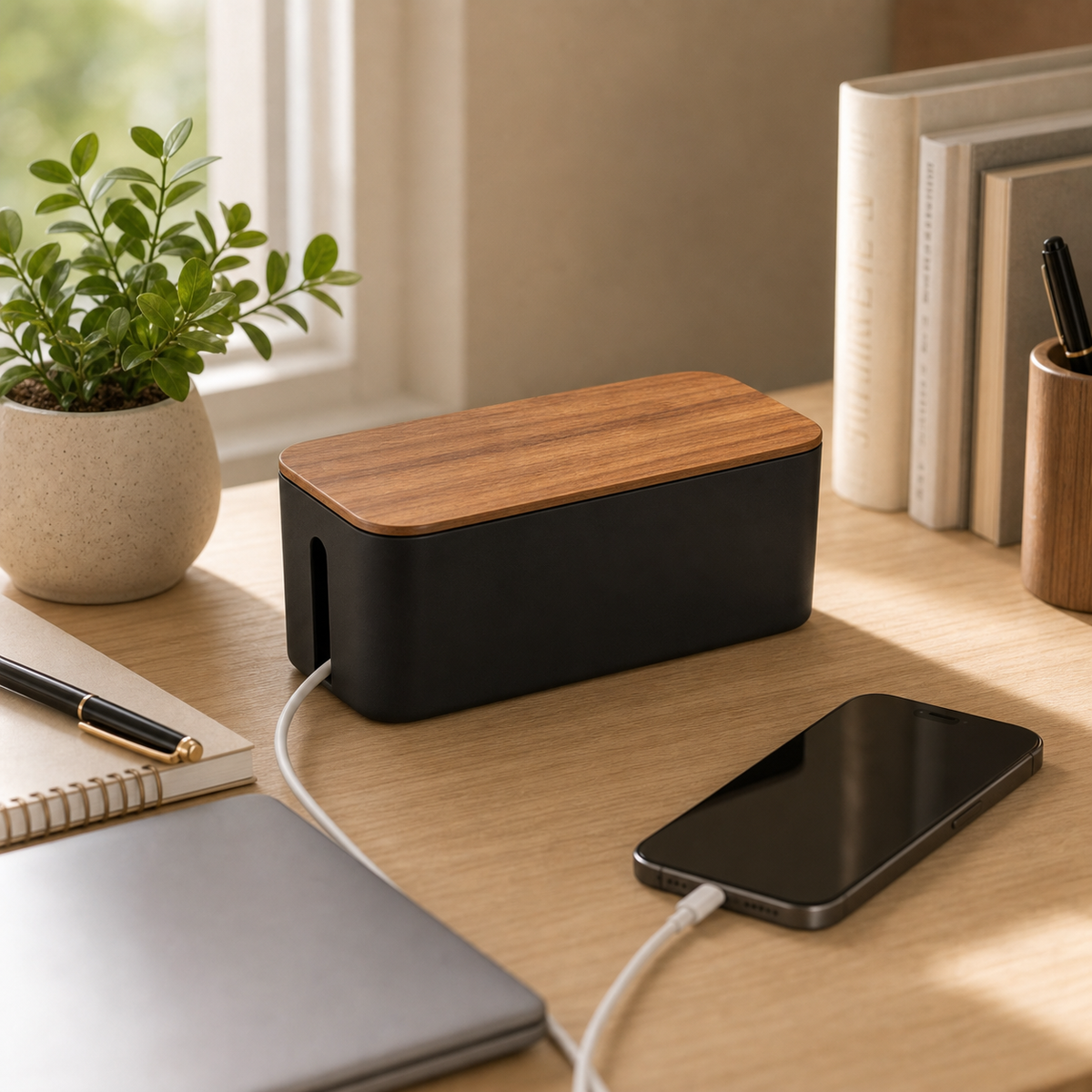 Cozy Haven Cable Management Box styled in a home setting