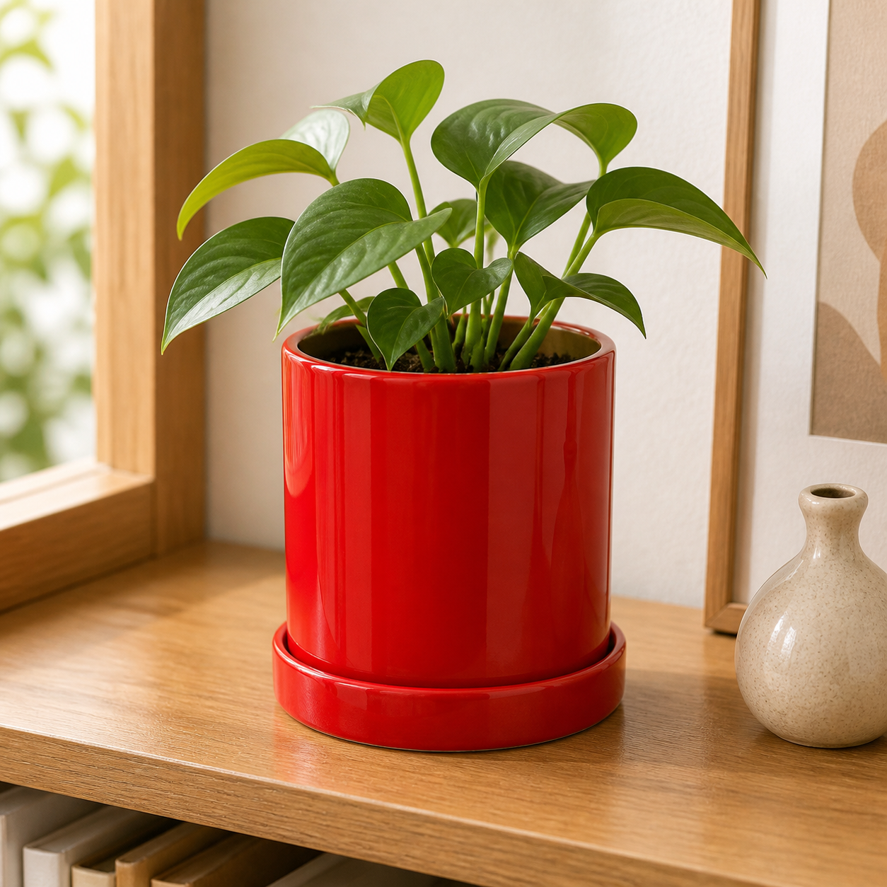 Cozy Haven Ceramic Planter with Tray Set lifestyle image 3 for Red