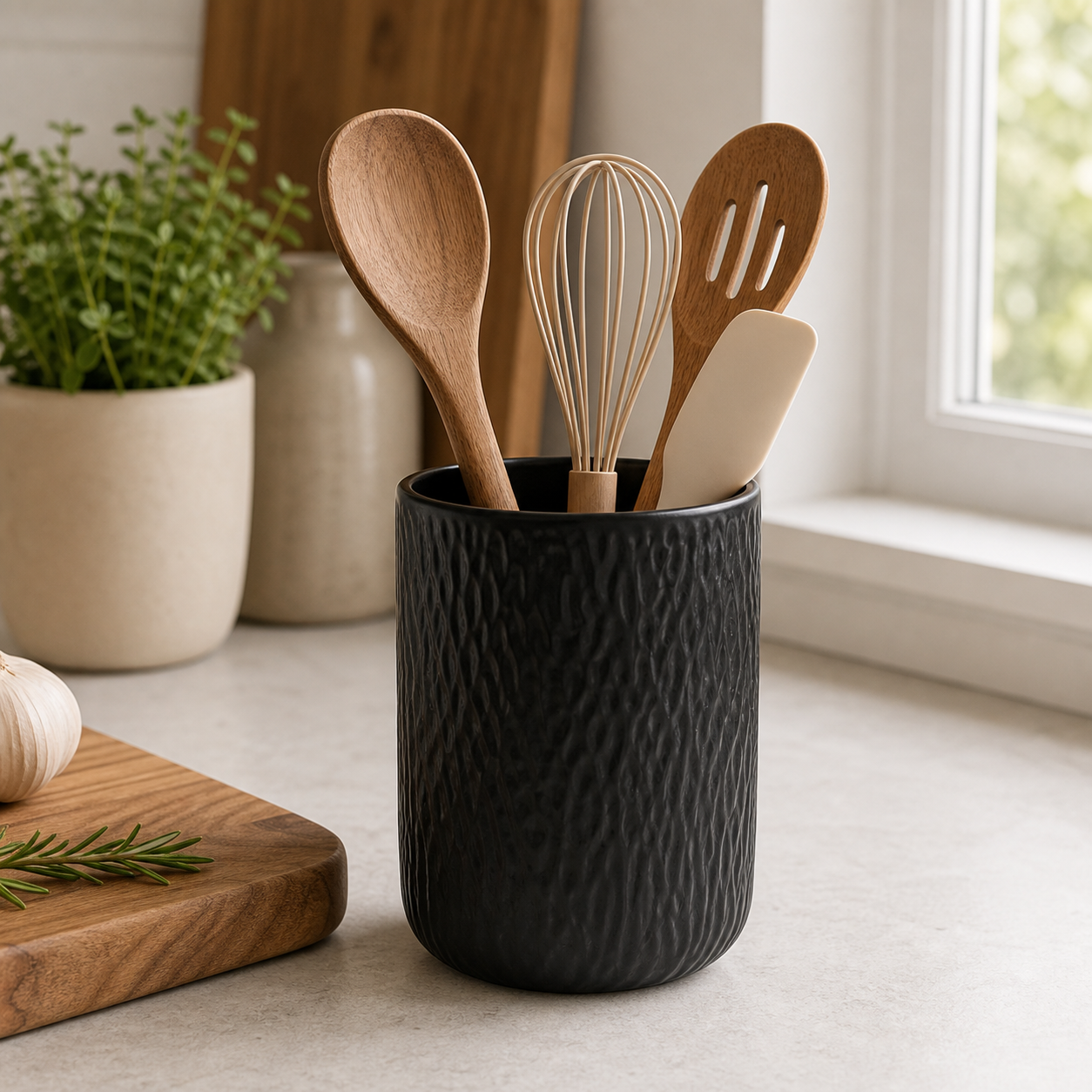 Cozy Haven black small ceramic utensil holder on a kitchen counter