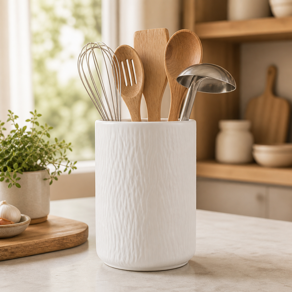 Cozy Haven white large ceramic utensil holder with kitchen tools