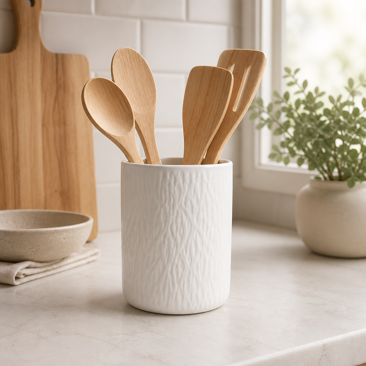Cozy Haven white small ceramic utensil holder on a kitchen counter