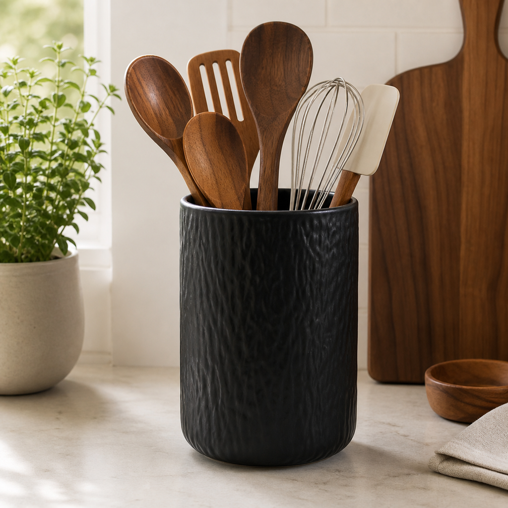 Cozy Haven black large ceramic utensil holder with kitchen tools