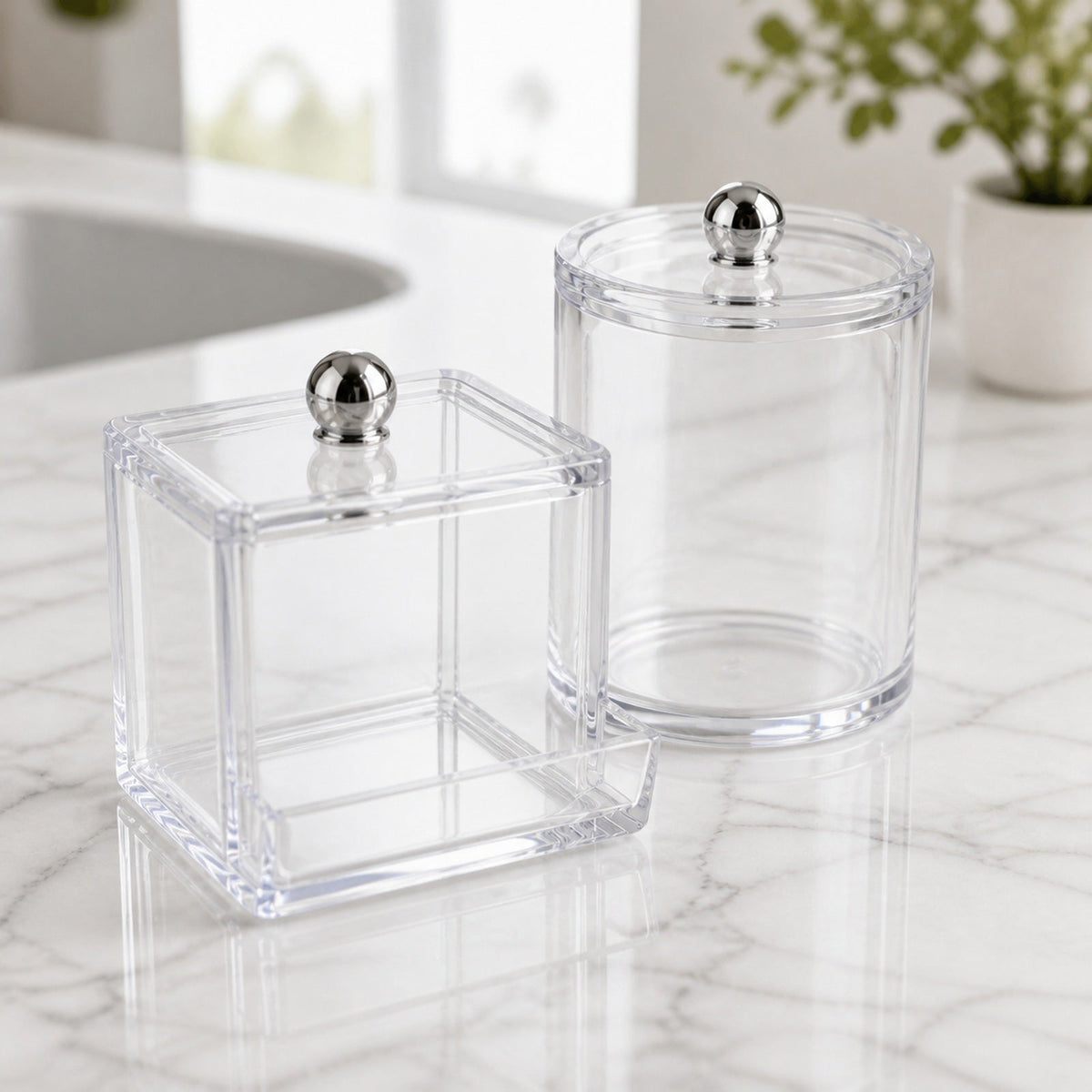 Cozy Haven Clear Cotton Swab and Pad Holder Set styled in a home setting