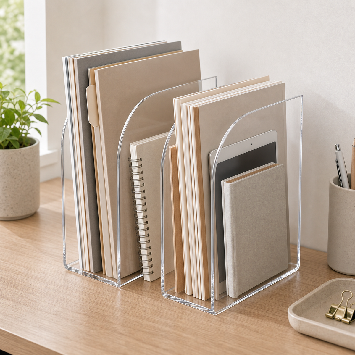Cozy Haven Clear Acrylic File Sorter - 2 Piece Set styled in a home setting