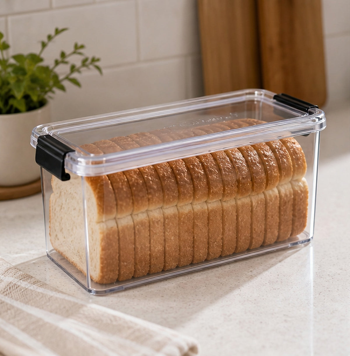 Cozy Haven Clear Airtight Bread Box styled in a home setting