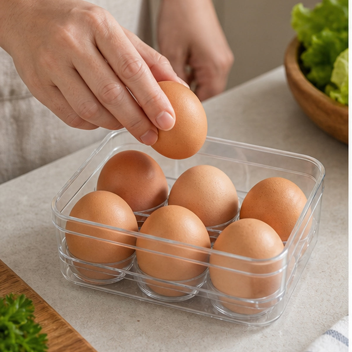 Cozy Haven Clear Fridge Egg Holder styled in a home setting