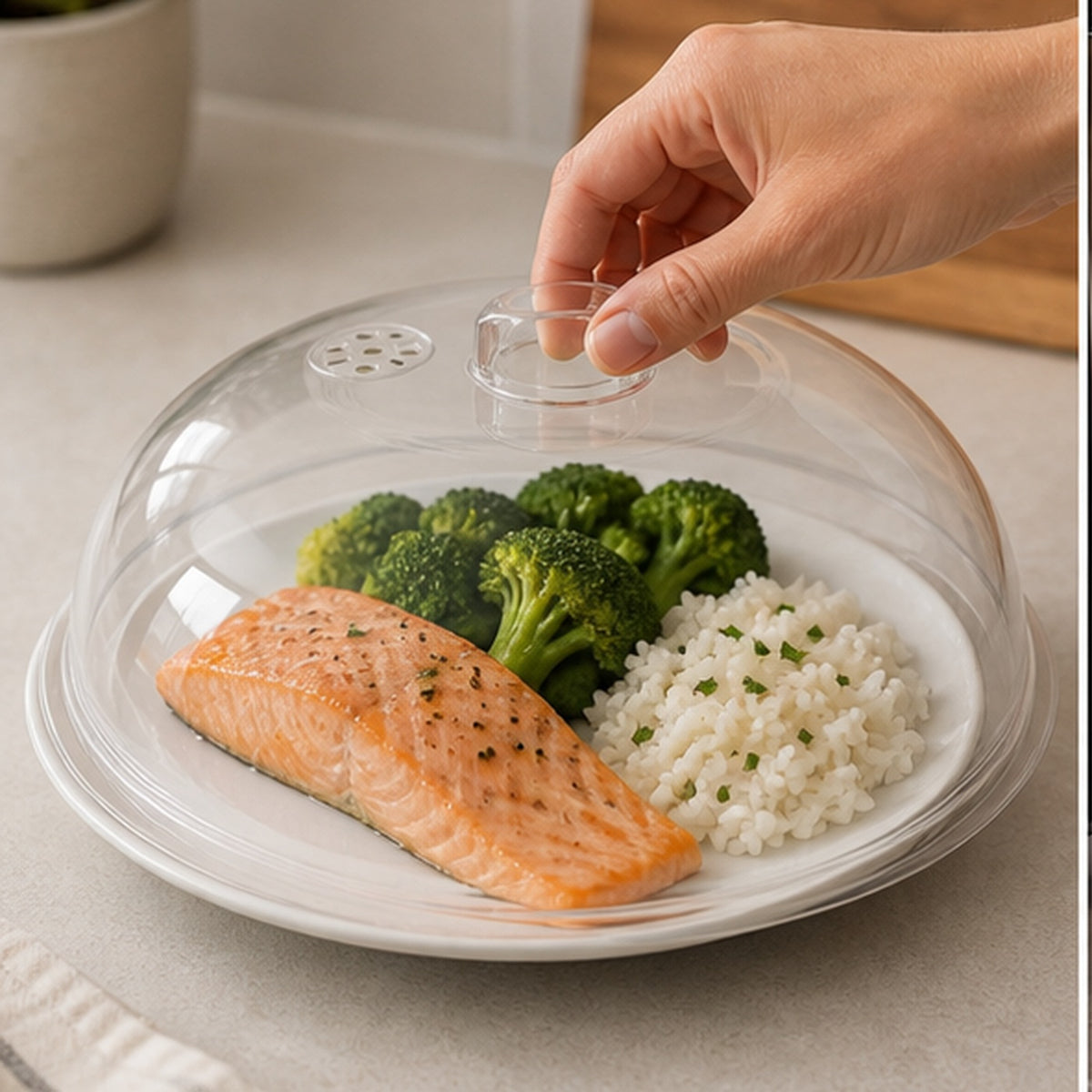 Cozy Haven Clear Microwave Splatter Cover styled in a home setting