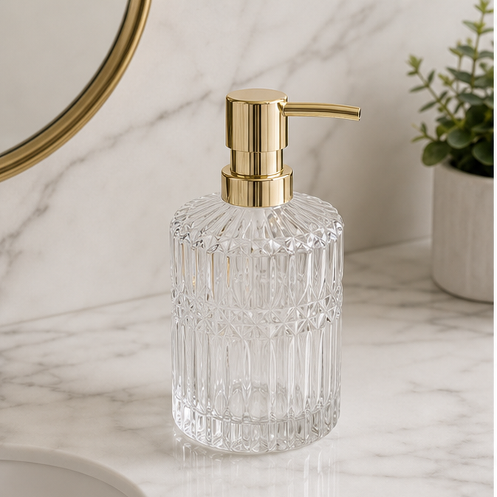 Cozy Haven Ribbed Glass Soap Dispenser - 13.3 oz - Clear Ribbed Glass Soap Dispenser - 13.3 oz lifestyle image 1