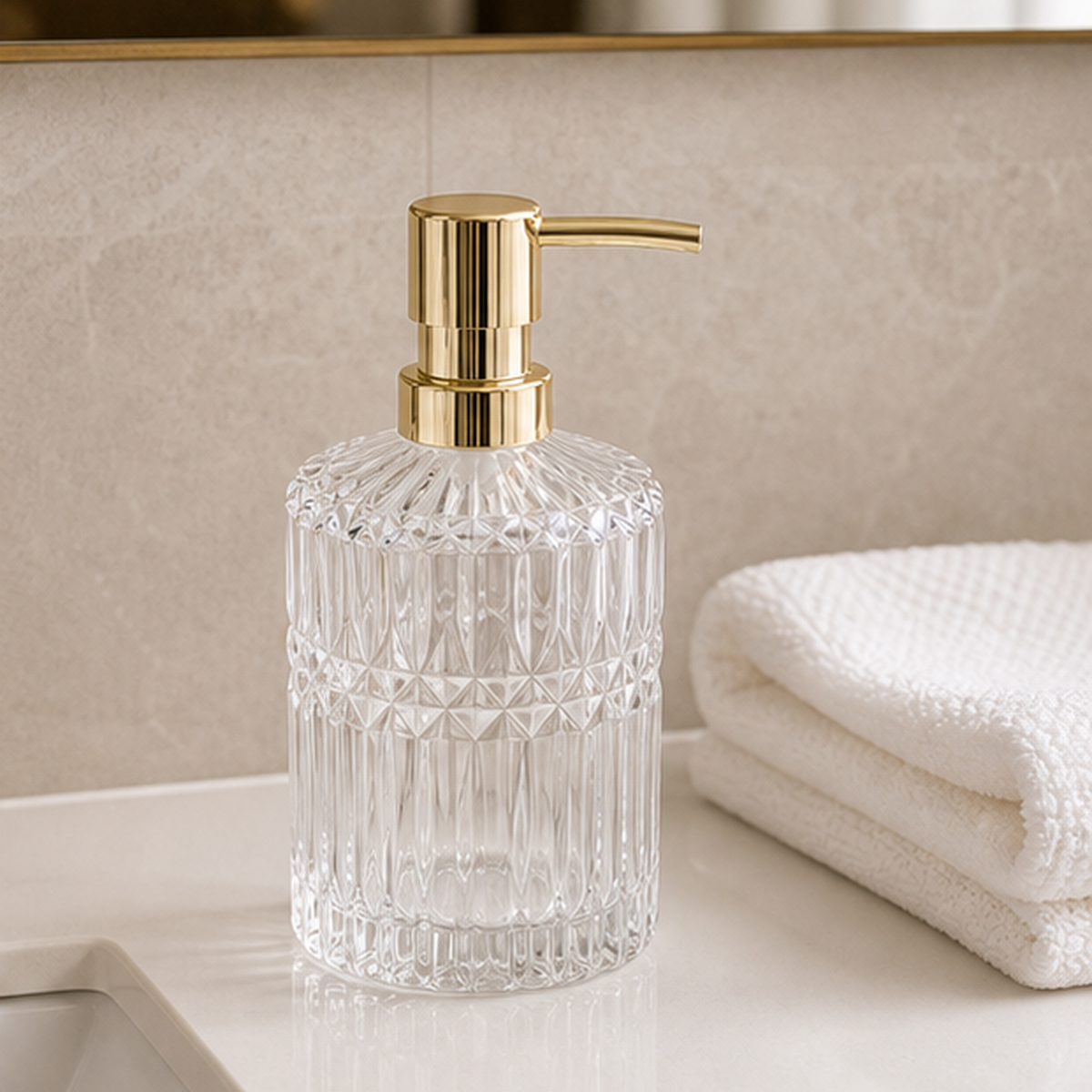 Cozy Haven Ribbed Glass Soap Dispenser - 13.3 oz - Clear Ribbed Glass Soap Dispenser - 13.3 oz lifestyle image 2
