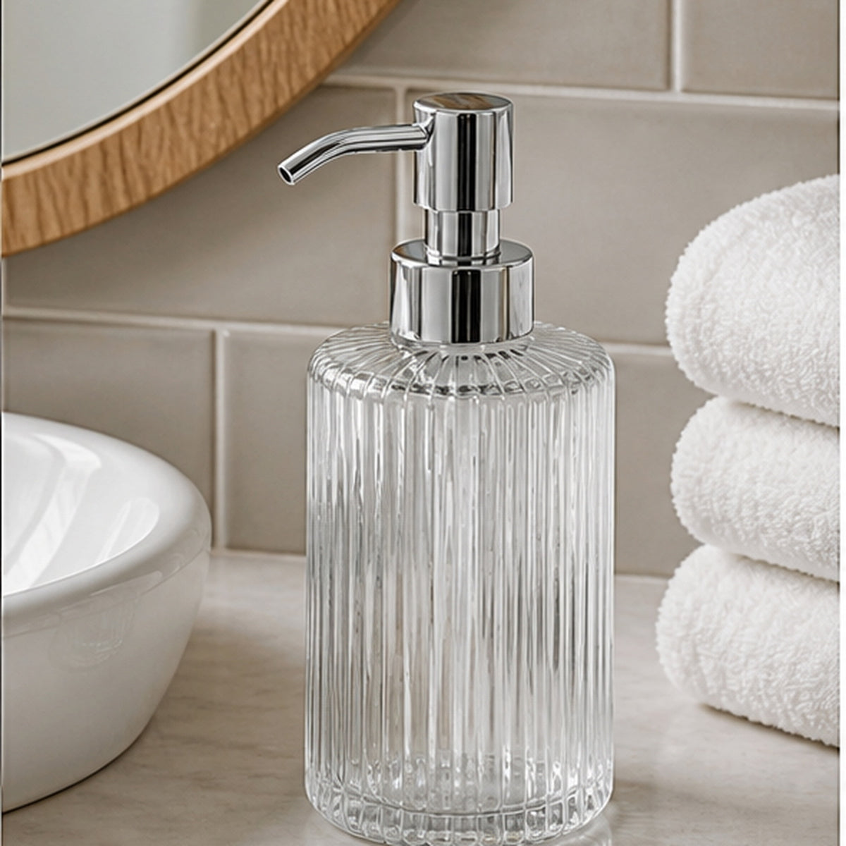 Cozy Haven Clear Ribbed Glass Soap Dispenser styled in a home setting