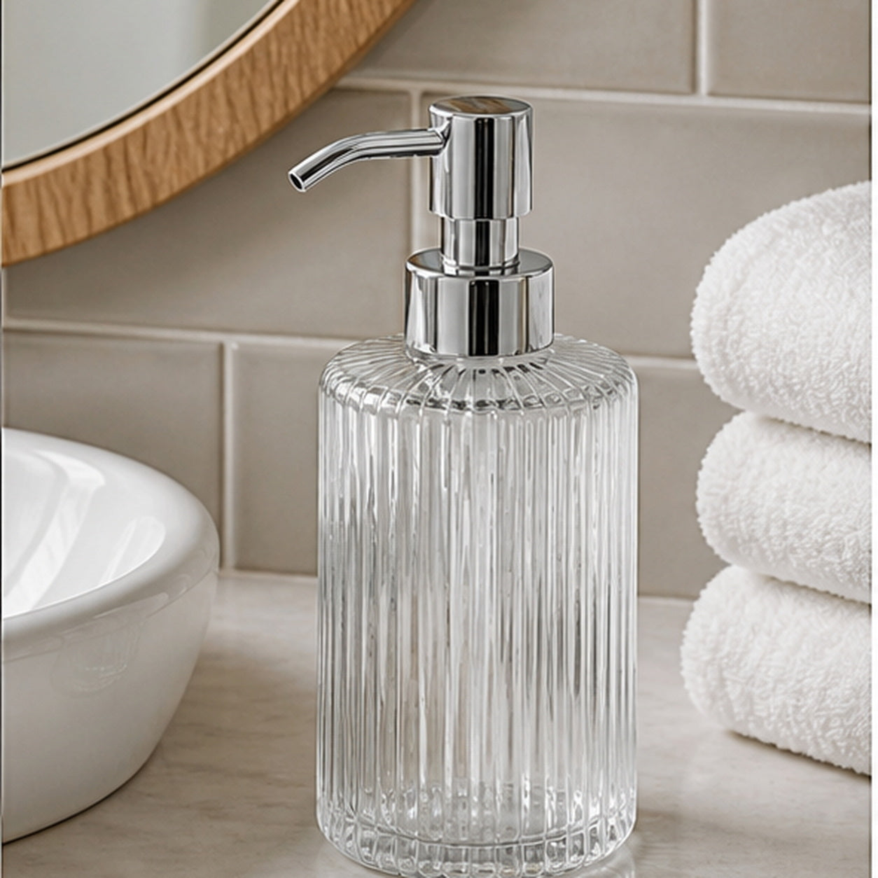 Cozy Haven Clear Ribbed Glass Soap Dispenser lifestyle image 1