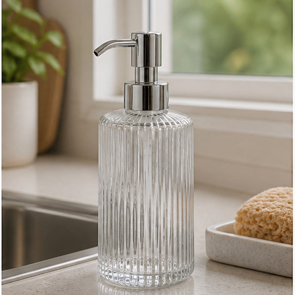 Cozy Haven Clear Ribbed Glass Soap Dispenser lifestyle image 2