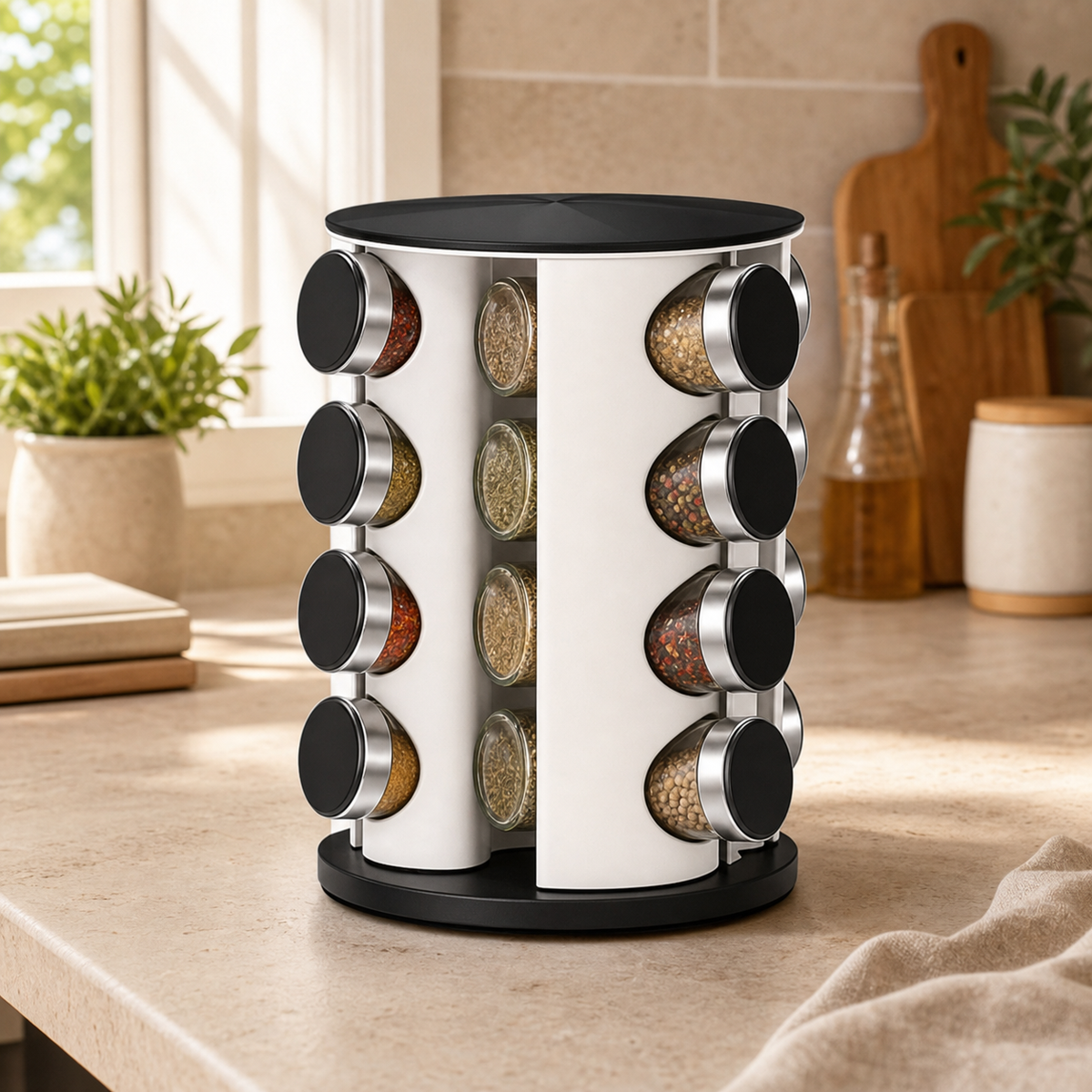 Cozy Haven Countertop Rotating Spice Organizer styled in a home setting