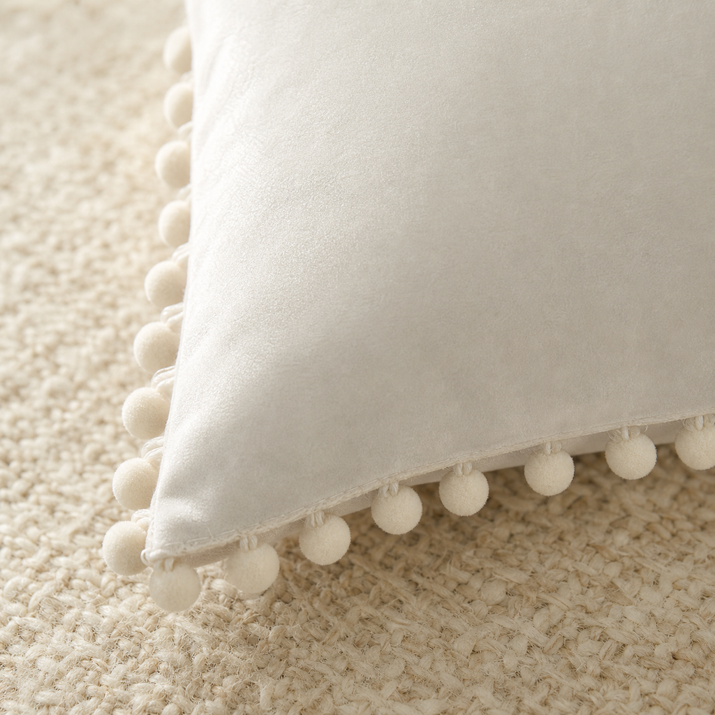Pom-Pom Velvet Pillow Cover - cream white pom edge detail