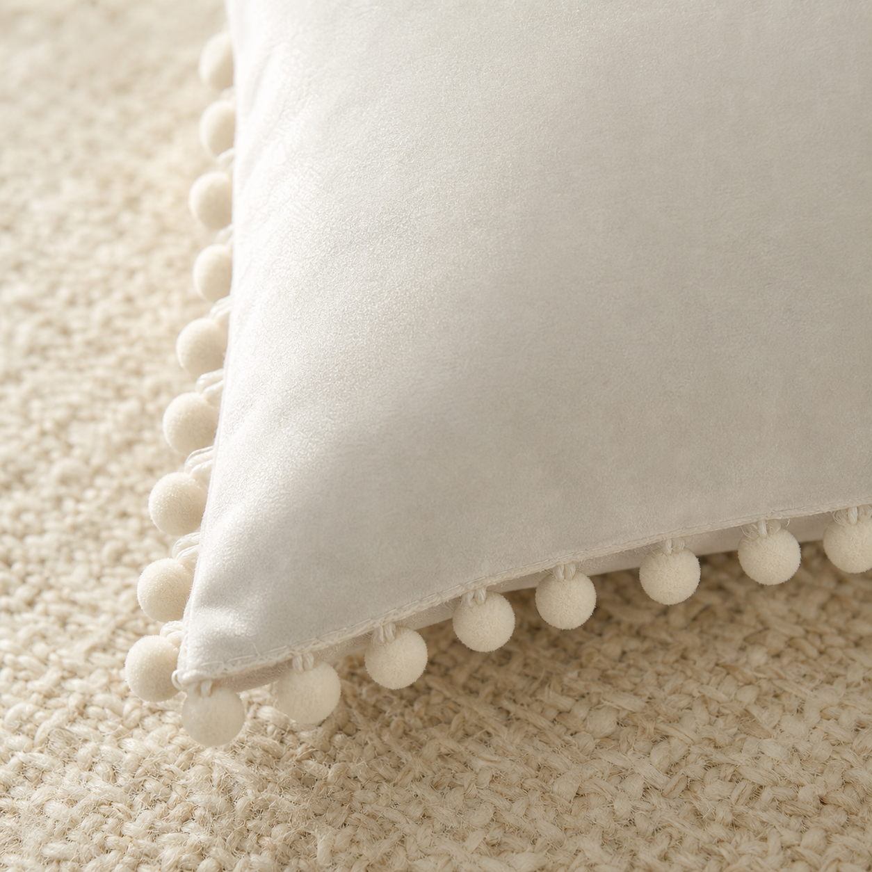 Pom-Pom Velvet Pillow Cover - cream white pom edge detail