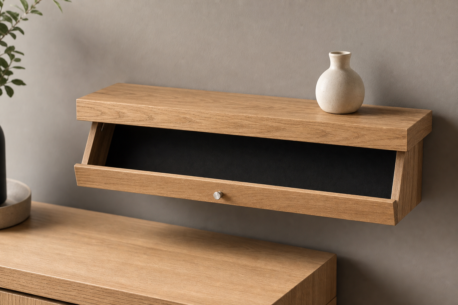 Wall-Mounted Hidden Compartment Shelf Collection - natural wood open compartment