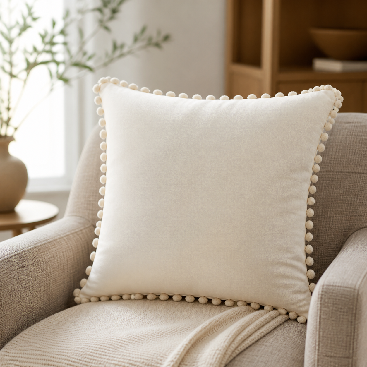 Multi-Size Pom-Pom Velvet Pillow Cover - cream white 50cm lifestyle